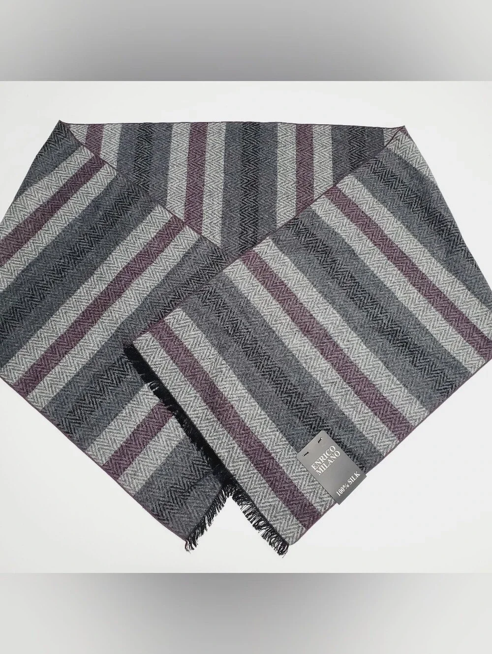 Enrico Milano Men's Silk Winter Scarf Gray & Burgundy Stripe Pattern 60x12.5